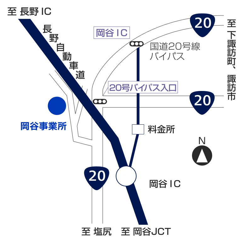 岡谷営業所近辺の車でのアクセス図